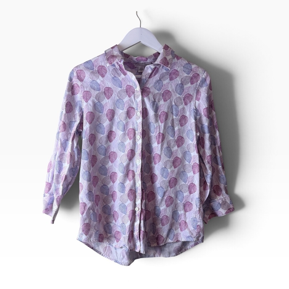 Coldwater Creek Womens Small Purple Pink Blue Leaf Print 3/4 Sleeve Button Up